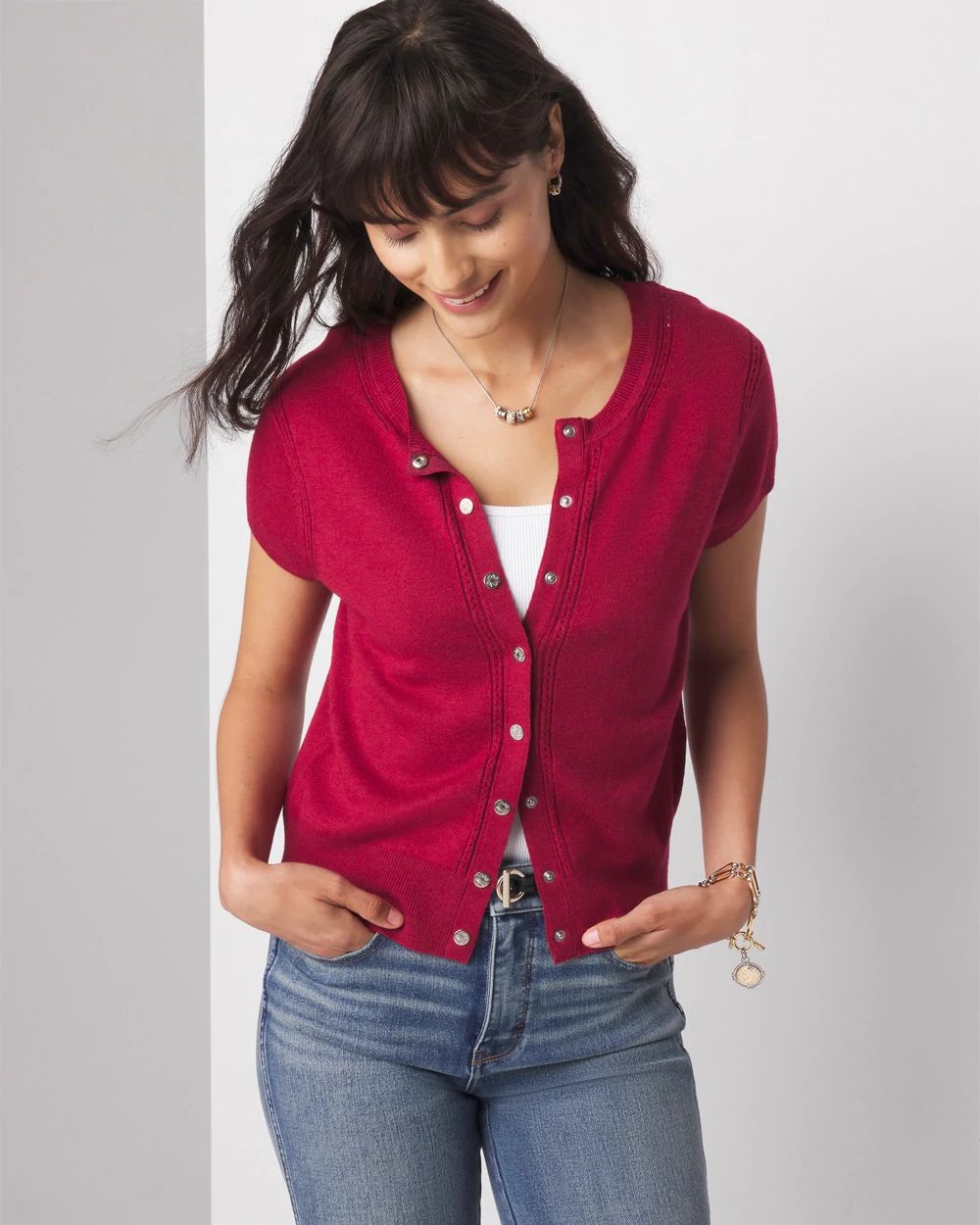 Pointelle cardigan sweater top